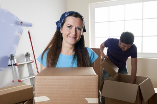 Office relocation planning in Brompton with boxes and desks prepared for transport